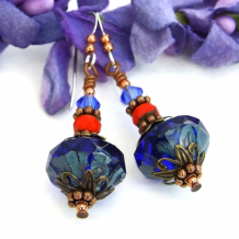 "Beautiful in Blue" - Cobalt Blue Handmade Earrings, Orange Czech Glass Swarovski Artisan Dangle Jewelry