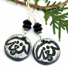 "Best Friend" - Goofy Dog Rescue Earrings, Handmade Polymer Clay Black Onyx Dangle Jewelry