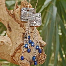 WATERFALL - Fine Silver Textured Link Blue Pearls Handmade Earrings