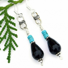 TURQUOISE MIDNIGHT - Black Onyx Teardrop Rustic Turquoise Handmade Earrings Jewelry