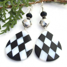 Black and White Harlequin Handmade Earrings, Diamond Onyx Shell 