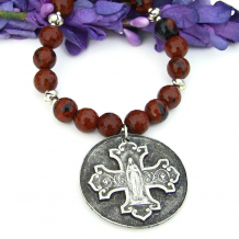 "Bless This Woman" - Virgin Mary Bless This Woman Cross Necklace, Mahogany Obsidian Gemstone Catholic Jewelry 