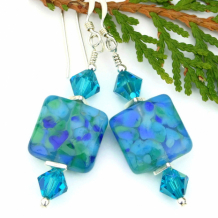 MONET'S MAGIC - Aqua Blue Green Lampwork Earrings, Monet Crystals Handmade Jewelry