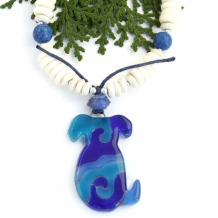 BLUE DOG - Blue Dog Recycled Glass Pendant Necklace, Bone Riverstone Handmade Jewelry