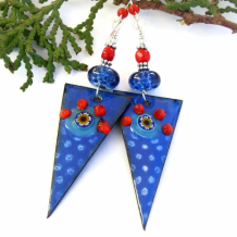BELLISSIMO IN BLU - Blue Spike Dagger Boho Earrings Enamel Red Coral Handmade Jewelry Gift