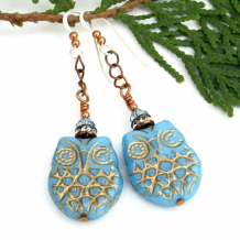 BLUE HOOTIES - Turquoise Blue and Gold Owl Earrings, Czech Glass Swarovski Crystals Jewelry