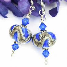 MISTY BLUES - Blue Ivory Handmade Lampwork Dangle Earrings, Swarovski Unique Jewelry