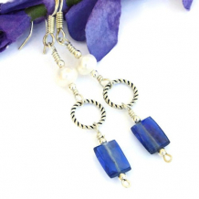 Blue Kyanite and White Pearl Handmade Earrings, Silver Dainty Artisan Jewelry 
