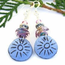 BLUE SUN - Blue Sun Handmade Boho Earrings, Rustic Artisan Ceramic Lampwork Jewelry