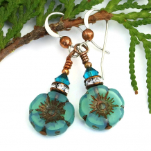 "Breathtaking" - Aqua Blue Opal Pansy Flower Earrings, Swarovski Crystals Artisan Handmade Dangle Jewelry