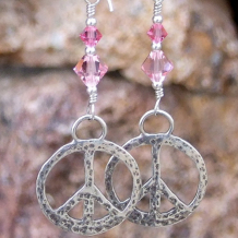 PAX - Hammered Peace Signs Handmade Earrings, Sterling Swarovski Jewelry