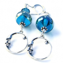 MAN IN THE MOON - Moon and Stars Aqua Lampwork Handmade Earrings Swarovski Jewelry