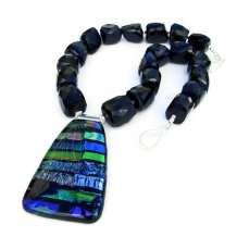ANDROMEDA - Colorful Dichroic Pendant Necklace, Handmade Black Onyx Chunky Jewelry