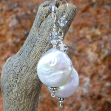 LAS PERLAS - White Coin Pearl Swarovski Earrings, Handmade Wedding Bride Jewelry