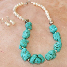TULAROSA - Turquoise Nuggets Pearls Sterling Handmade Necklace
