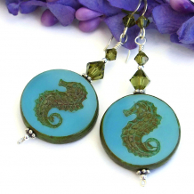 "Caballitos del Mar" - Sea Horse Handmade Earrings, Turquoise Khaki Swarovski Crystal Artisan Beach Jewelry 