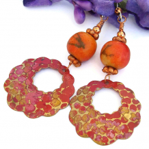 “Caliente" - Orange Brass Hoop Earrings Apple Coral Boho Artisan Handmade Dangle Jewelry