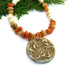 "Capall Croga" - Celtic Knot Horse Pendant Necklace, Apple Coral Bone Handmade Artisan Jewelry