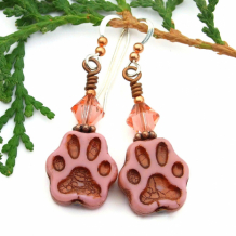 PINK PAW PRINTS -Dog Cat Paw Print Earrings, Pink Czech Glass Crystal Handmade Jewelry