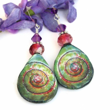SPIRALING AWAY - Spiral Seashell Ceramic Earrings, Green Pink Purple Handmade Jewelry