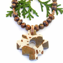 CHAKANA - Inca Cross Necklace, Leopardite Jasper Pearls Chakana Handmade Jewelry