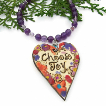 CHOOSE JOY - Choose Joy Heart Necklace, Flowers Purple Amethyst Handmade Jewelry