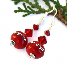 SIMPLY RED - 0 Christmas Red Lampwork Earrings, Handmade Siam Swarovski Unique Jewelry