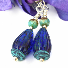 COBALT TEARDROPS - Cobalt Blue Rustic Teardrop Earrings, Mykonos Turquoise Handmade Gift