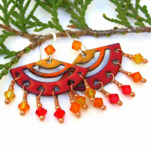 VIVACIOUS - Red Orange Yellow Fan Chandelier Earrings, Boho Handmade Jewelry Gift
