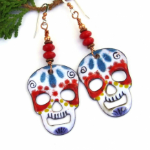 CALAVERAS DE COLORES - Sugar Skulls Earrings, Day of the Dead Halloween Enamel Coral Jewelry