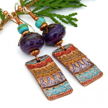 "Colorful Tapestry" - Tapestry Copper Artisan Earrings with Lampwork and Turquoise, Boho