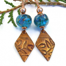 COPPER DIAMONDS - Copper Diamonds Blue Lampwork Earrings, Handmade Flowers Jewelry