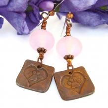 Dog Paw Hearts Handmade Earrings, Copper Pink Lampwork Rescue Jewelry