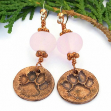 FOREVER - Copper Dog Paw Print Earrings, Handmade Pink Lampwork Rescue Jewelry