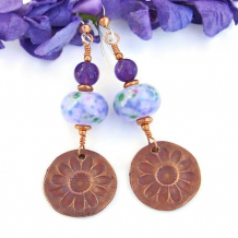 VIOLETA - Copper Flower Handmade Earrings, Lampwork Purple Amethyst Jewelry 
