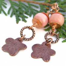 JOLIES FLEURS - Copper Flowers Pink Coral Handmade Earrings, Beaded Summer Jewelry