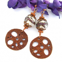 PAISLEY LOTUS - Copper Paisley Lotus Root Handmade Earrings Lampwork Jewelry