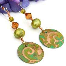 GREEN WAVES - Copper Patina Discs Handmade Earrings, Green Pearls Swarovski Jewelry