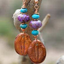 ANCIENT ARIA - Copper Trilobite Handmade Earrings, Lampwork Turquoise Beaded Jewelry