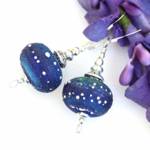 "Cosmos" - Cobalt Blue Cosmos Lampwork Earrings, Stars Moons Handmade Artisan Dangle Jewelry