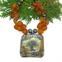 "Crann Alainn" - Tree of Life Necklace, Handmade Chalcedony Pearls Gemstone Jewelry