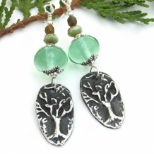 "Craobhan" - Tree of Life Earrings, Green Lampwork Czech Glass Handmade Artisan Dangle Jewelry