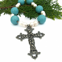 "Credo" - Italian Renaissance Style Pewter Cross Necklace,  Turquoise Magnesite Pearls Handmade Jewelry