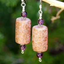 DREAMS OF GREECE - Handmade Earrings Czech Glass Greek Key Design Amethyst  