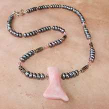 WHALE WALTZ - Pink Peruvian Opal Whale Tail Necklace ,Handmade Pearls Swarovski 