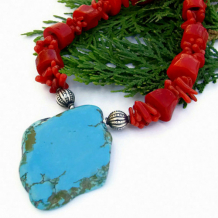 SUMMERLAND - Blue Turquoise and Red Coral Necklace, Handmade Southwest Unique Jewelry