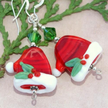 SANTA'S HATS - Christmas Santa Hats Lampwork Swarovski Earrings, Handmade Holly SANTA'S HATS - Christmas Santa Hats Lampwork Swarovski Earrings, Handmade Holly