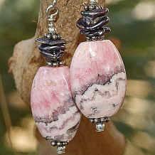 INCAN DREAMS - Pink Rhodochrosite Gray Pearls Sterling Handmade Earrings