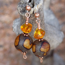 TIMELESS MEDLEY - Rustic Etched Agate Amber Handmade Earrings, Copper Beaded Jewelry
