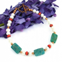 ENTICING - Handmade Bracelet Russian Amazonite Pearls Red Glass Gemstone Jewelry